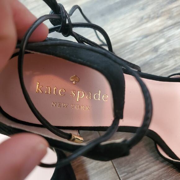 Kate Spade Oasis Lace-Up Suede Heels Floral Embroidered Sandals Black Size 6.5 - Picture 4 of 9
